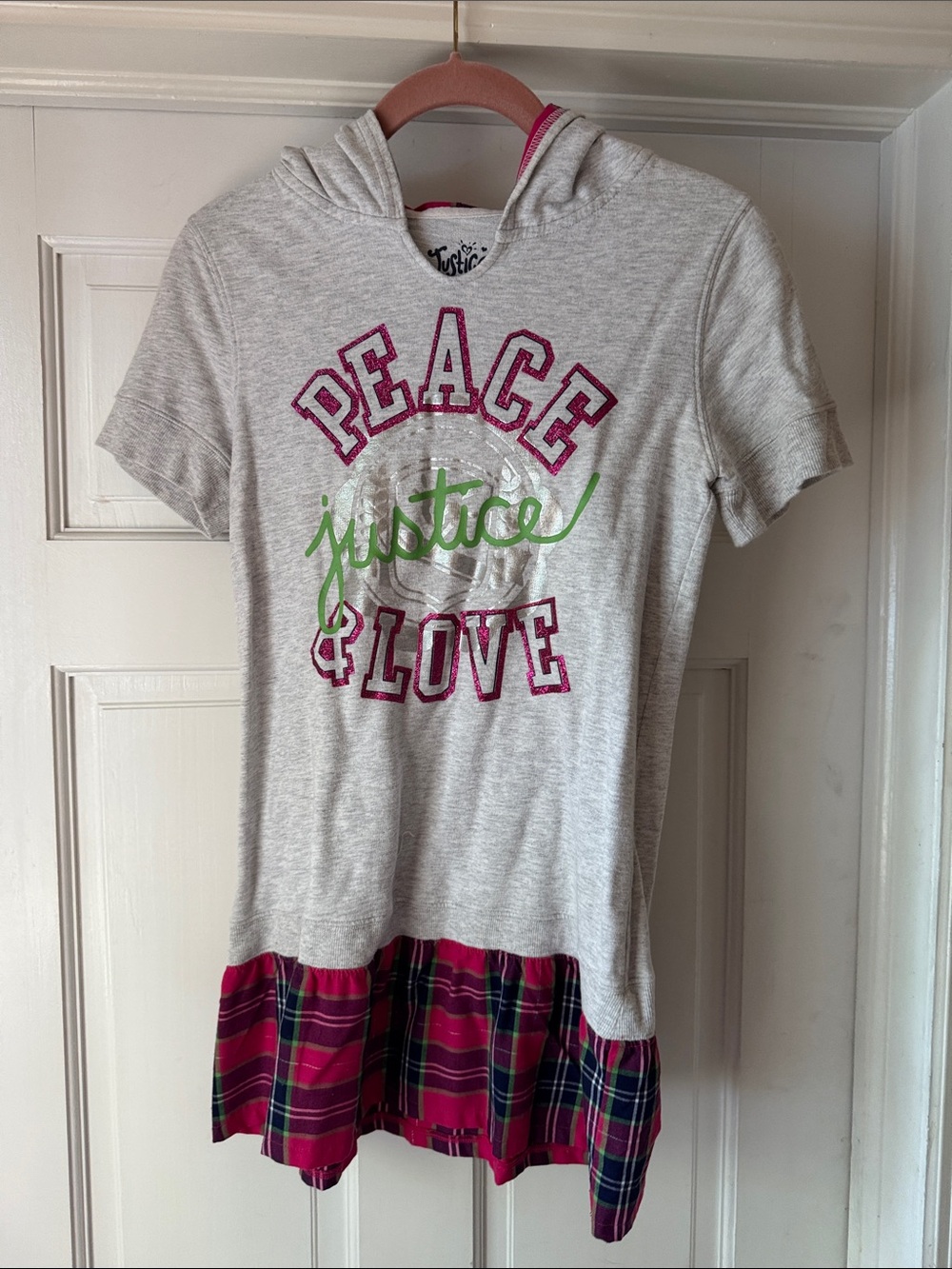 Justice Gray Hoodie Dress with Pink Plaid Ruffle and Green Script